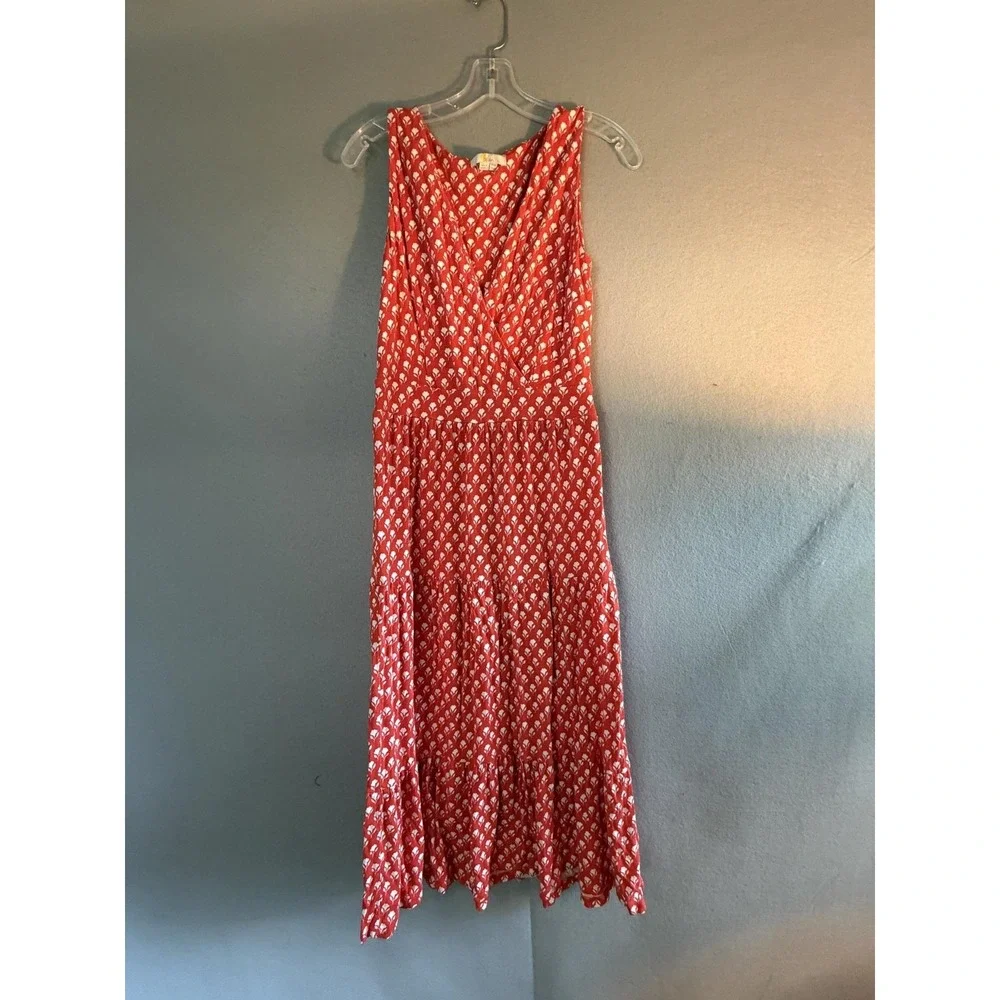 Boden Dress Womens 8 Red Floral V Neck Sleeveless Jersey Maxi Sundress Boho